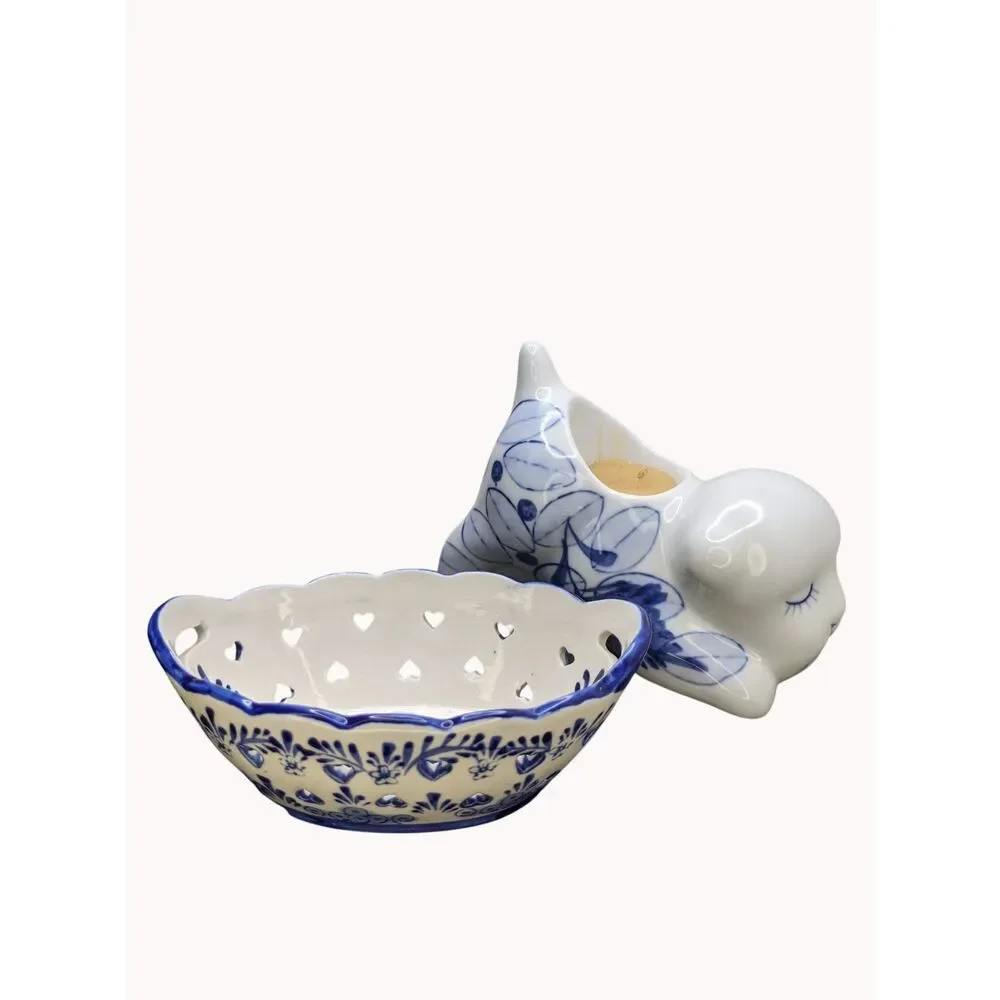 Delft Blue Reticulated Trinket Dish & Puppy Dog Candle Holder Holland VTG